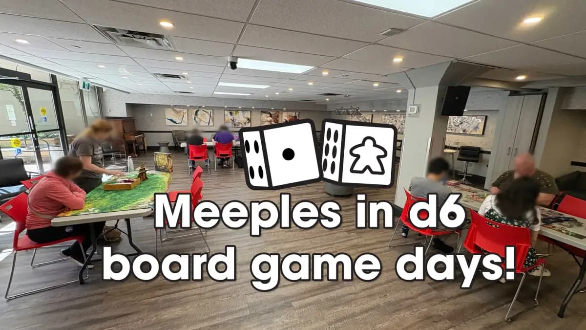 Meeples in D6 board game days poster featuring the venue, dice, and meeple logo